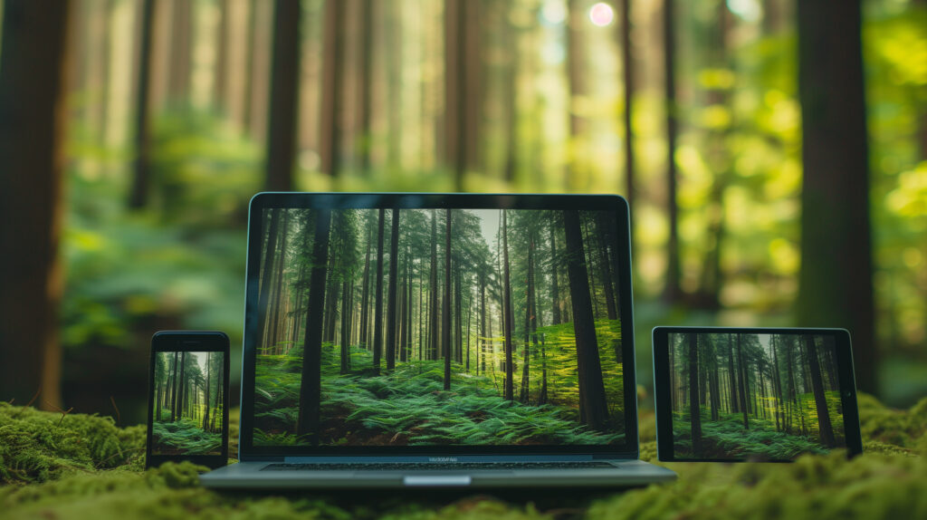 Responsive Webdesign - Laptop, Tablet und Smartphone stehen in einem schönen grünen Wald