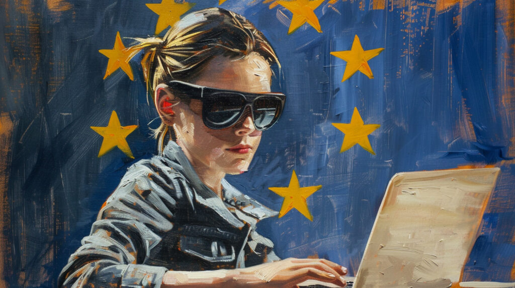 Blinde Frau sitzt am Laptop, im Hintergrund die Flagge der EU.