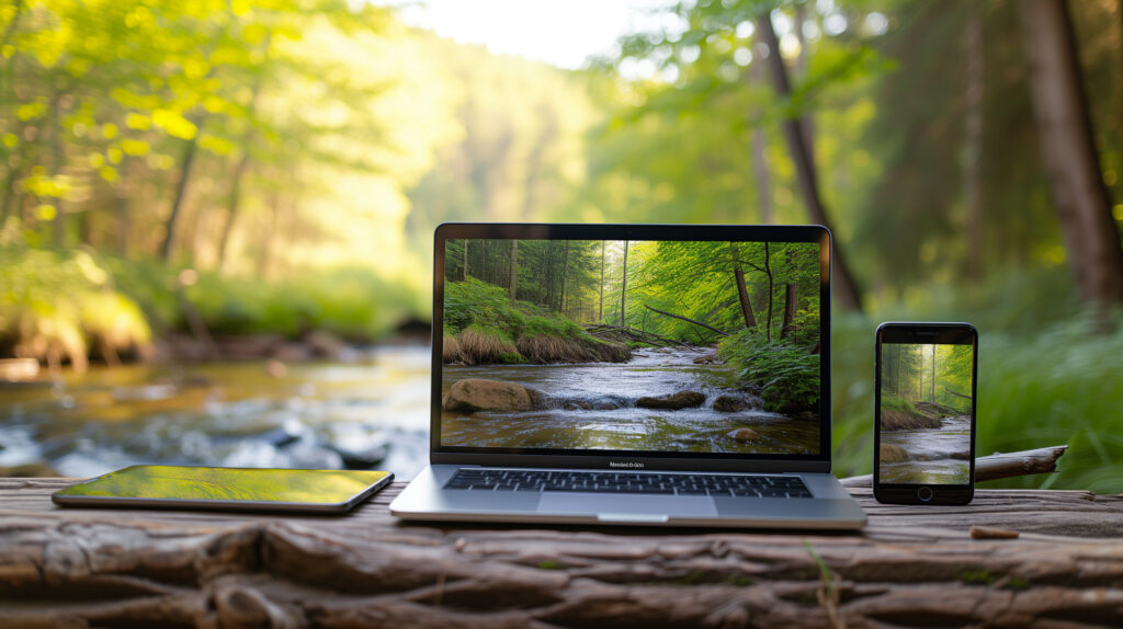 Responsive Webdesign - Laptop, Tablet und Smartphone stehen an einem Fluss im Wald